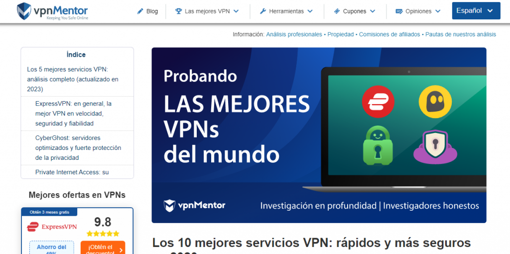 Página de inicio del sitio web de marketing de afiliados VPNMentor
