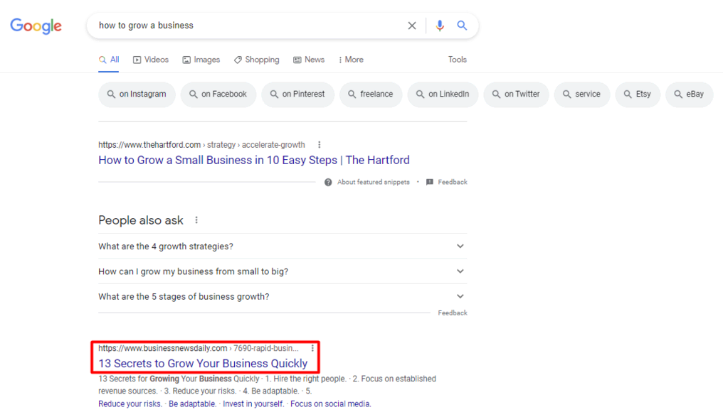 Business News Daily en el primer lugar para la palabra clave "how to grow a business" en Google.