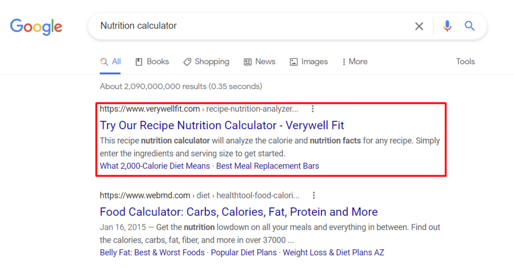 Verywell Fit en el primer lugar para la palabra clave "nutrition calculator" en Google.