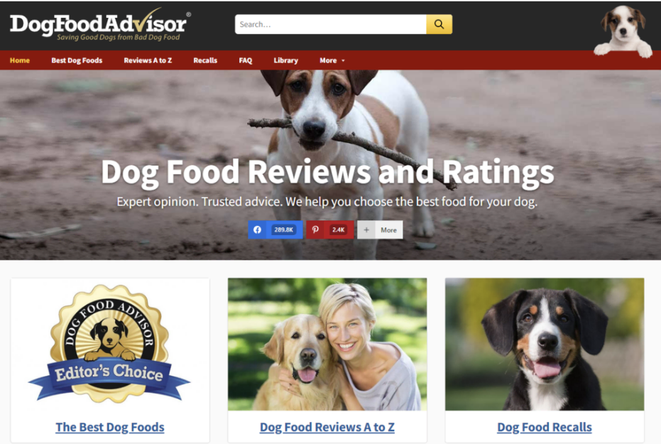 Sitio web de marketing de afiliados Dog Food Advisor