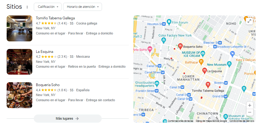 Resultados de la búsqueda "restaurantes" en Google