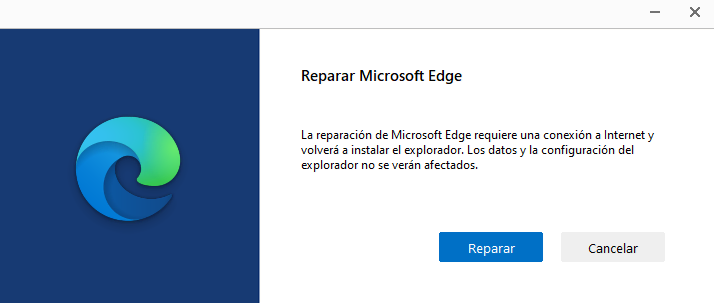 Ventana para empezar la reparación de Microsoft Edge