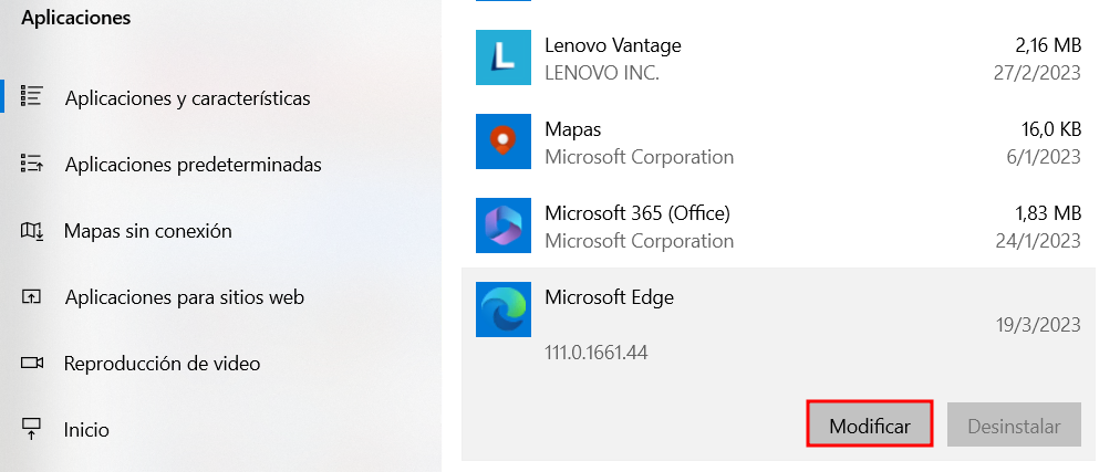 Modificar Microsoft Edge en Aplicaciones y características de Windows