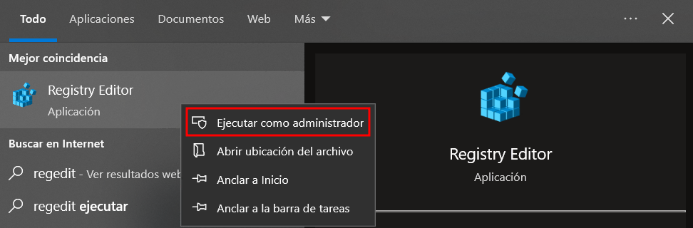 Botón de Ejecutar como administrador en el editor del Registro de Windows