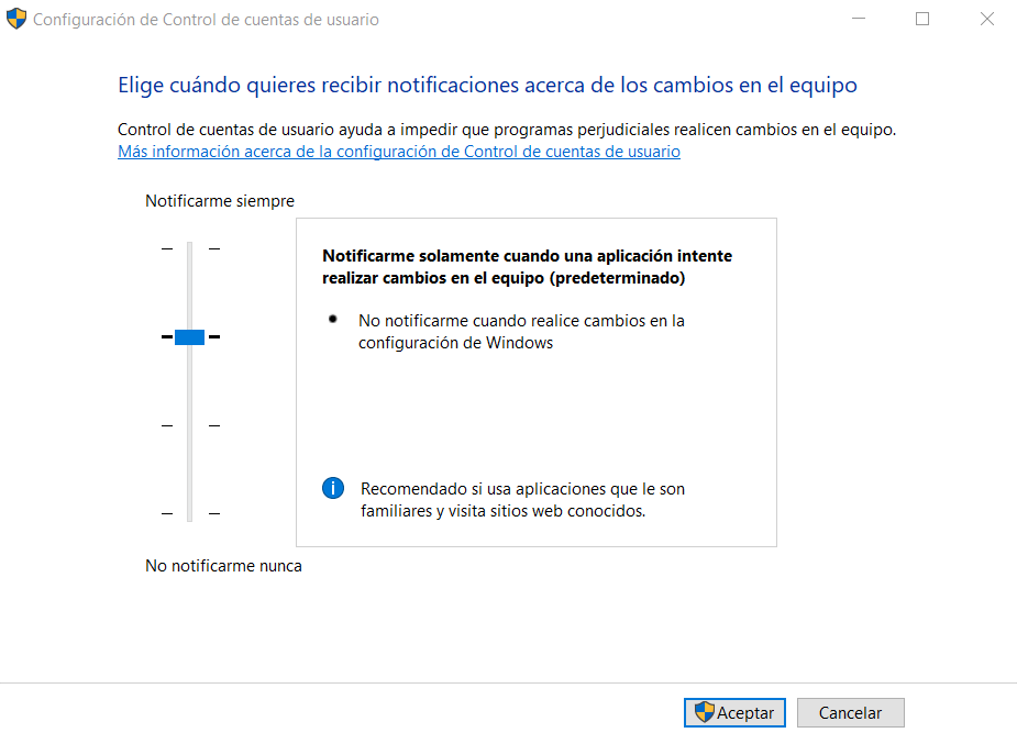 Configuración de control de cuentas de usuario en Windows.