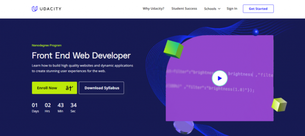 Página del curso de desarrollo front-end de Udacity
