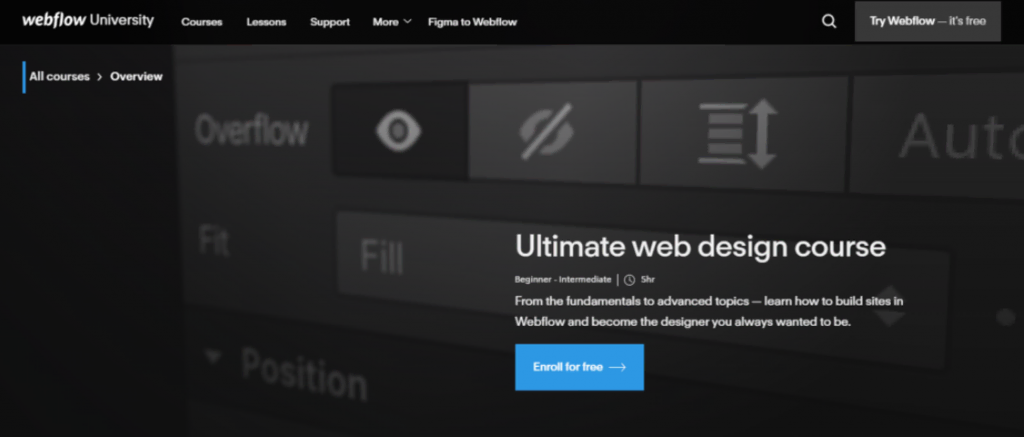 Página del curso Ultimate Web Design Course de Webflow University