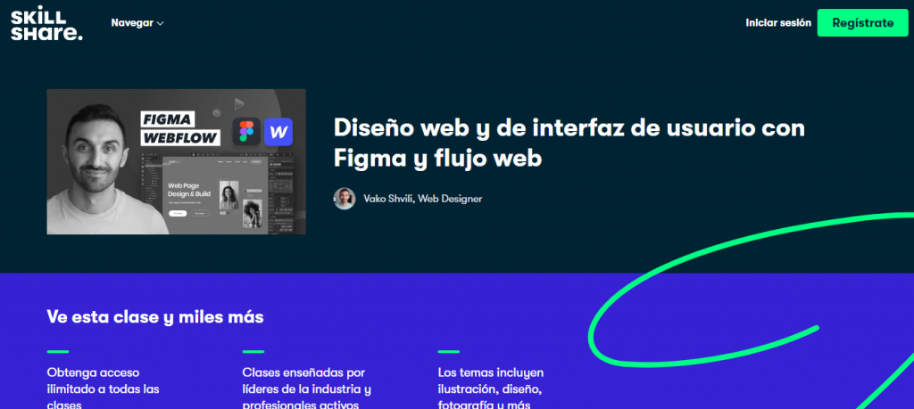 Página del curso Diseño web y de interfaz de usuario con Figma y Webflow en Skillshare