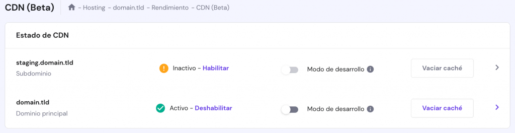La página CDN Beta en hPanel