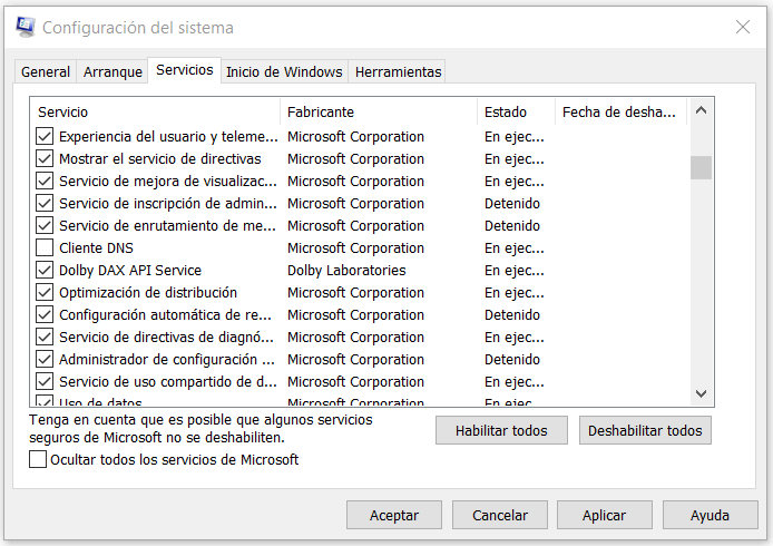 Ventana Configuración del sistema de Windows