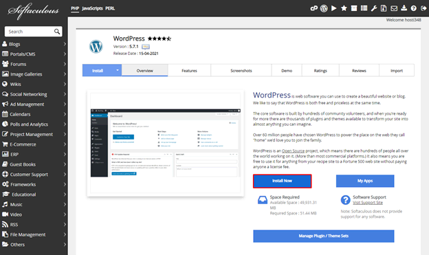 Opción de instalar WordPress