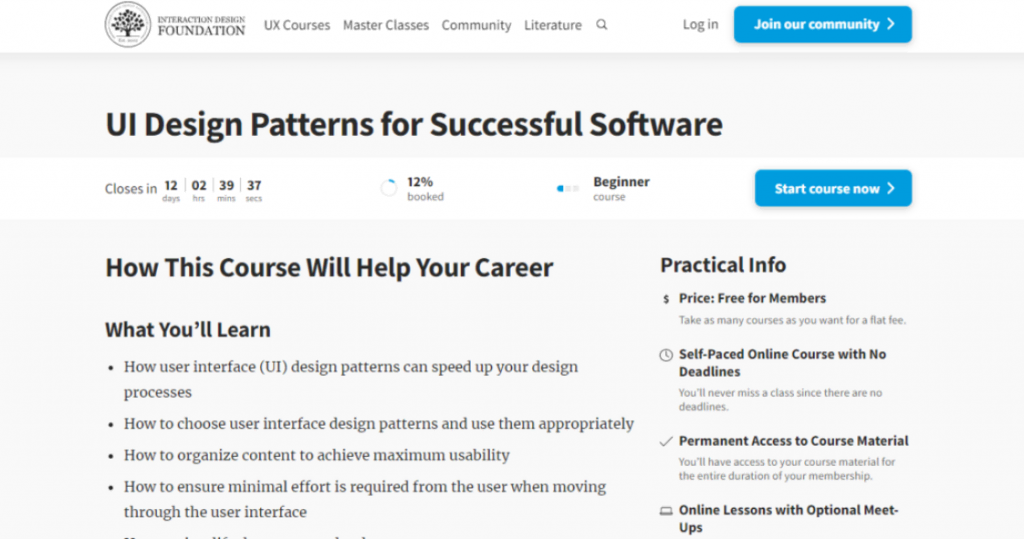 Página del curso Patrones de diseño de interfaz de usuario para software exitoso