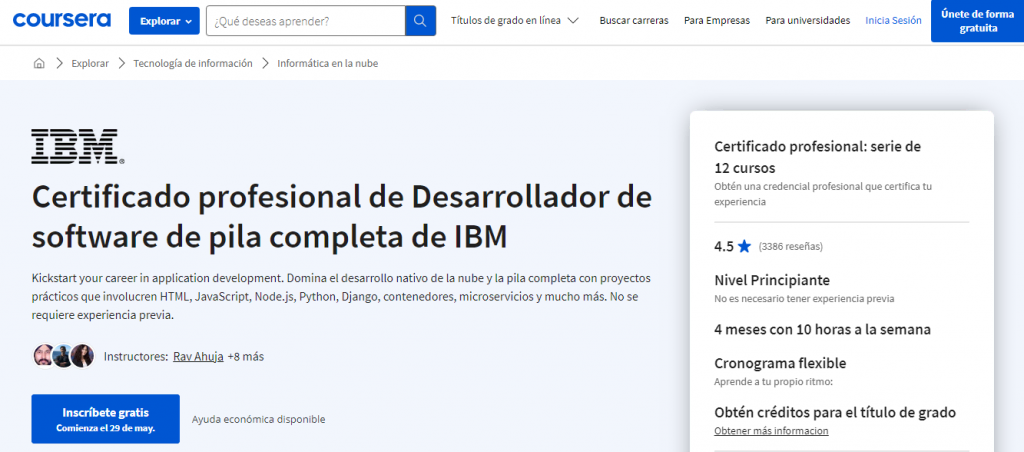Certificado de desarrollador full stack de IBM