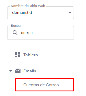 Menú de cuentas de correo en hPanel.