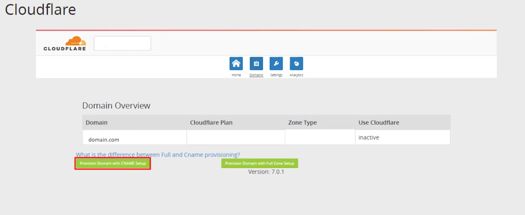 Pestaña para configurar un dominio en la plataforma Cloudflare