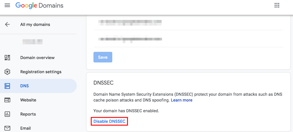 Opción desactivar DNSSEC de la página DNS de Google Domains