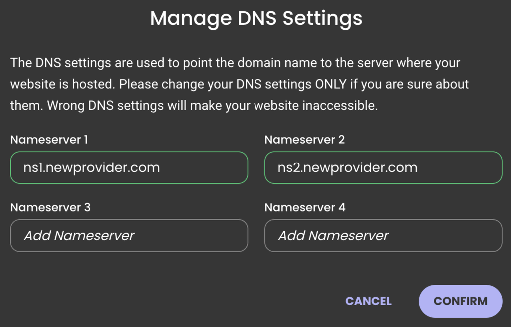 Ventana para gestionar los ajustes DNS de SiteGround