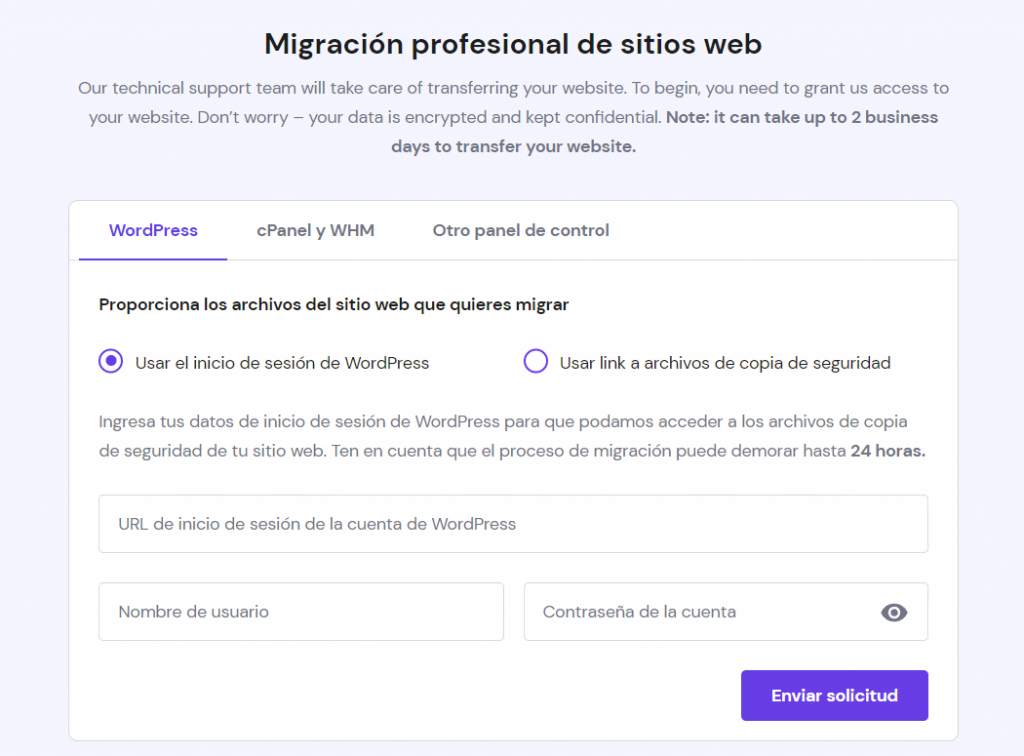 Ventana para migrar sitios web desde hPanel
