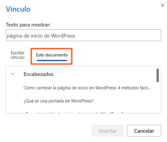 Ventana para añadir vínculo en Microsoft Word