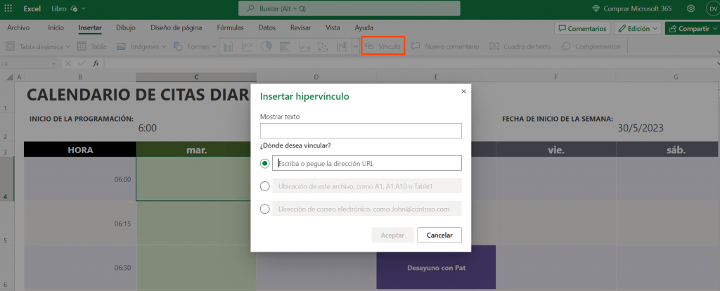 Sección Insertar, opción Vínculo de Microsoft Excel