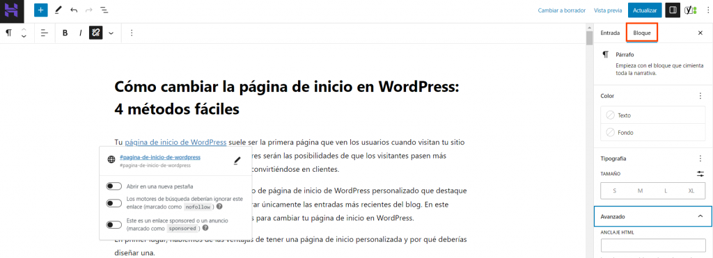 Sección Bloque del editor de bloques de WordPress