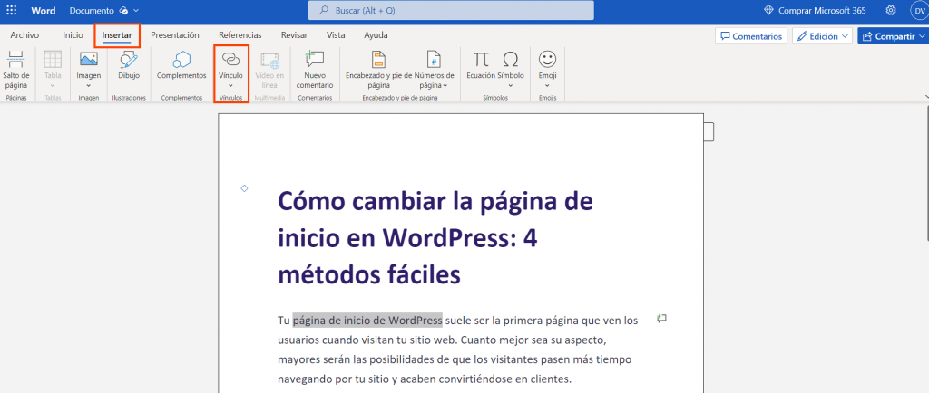 Sección Insertar, opción Vínculo de Microsoft Word
