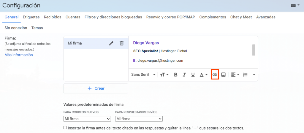 Opción para añadir enlace en crear firma de los ajustes de Gmail