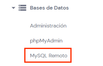 Sección Bases de datos, pestaña MySQL remoto