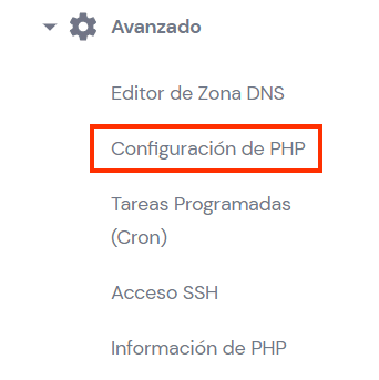 Sección Avanzado, pestaña Configuración de PHP en hPanel