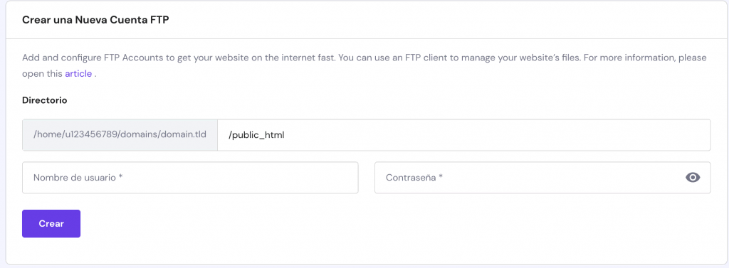hPanel crear una nueva cuenta FTP