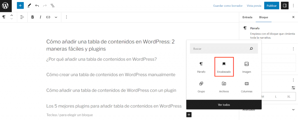 Añadir Encabezado en el editor de bloques de WordPress
