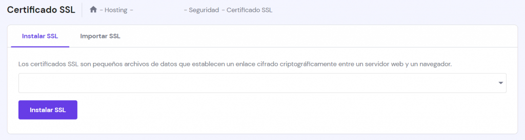 Sección para instalar un certificado SSL de hPanel