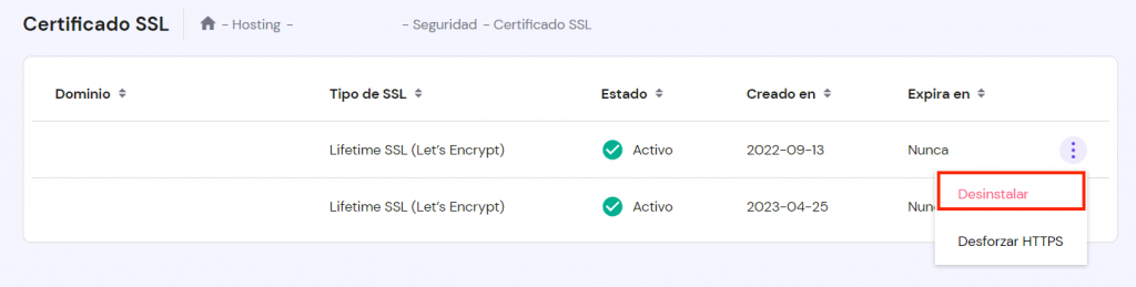 Sección de Certificado SSL de hPanel