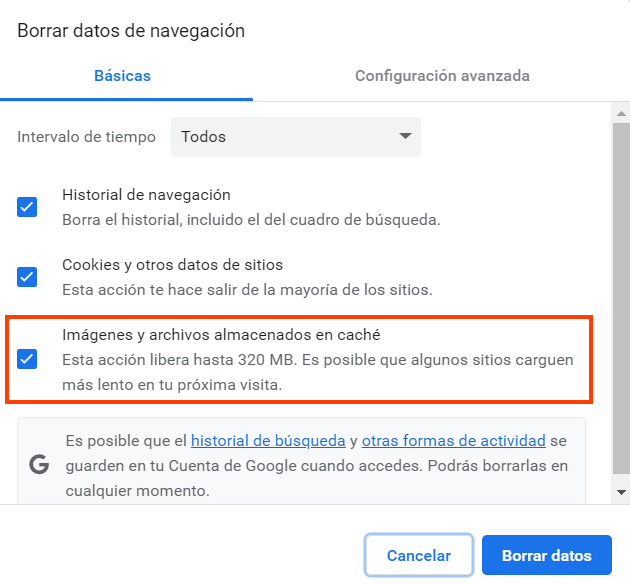 Opción de Borrar datos de navegación de Google Chrome
