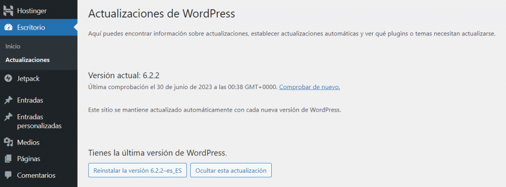 Última actualización de WordPress en el escritorio