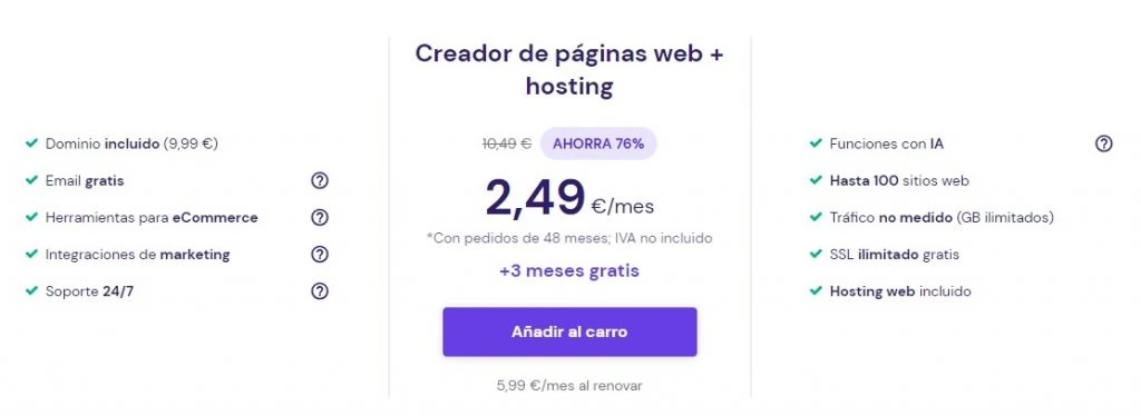 Plan de precios de Hostinger para Creador de páginas web con hosting