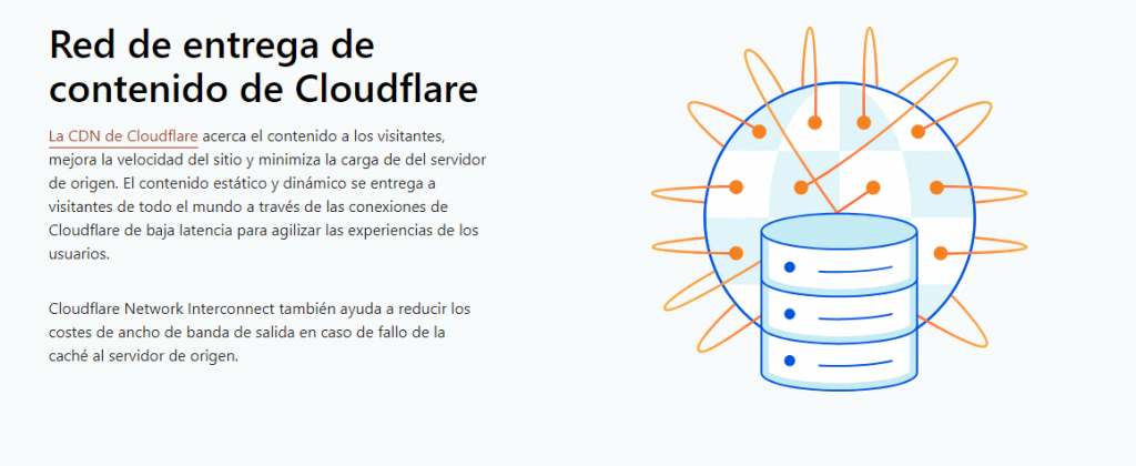 Sección Red de entrega de contenido en el sitio de Cloudflare