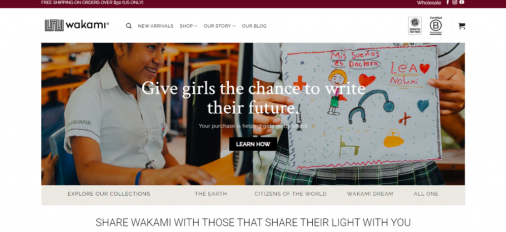 Página de inicio del sitio web de Wakami