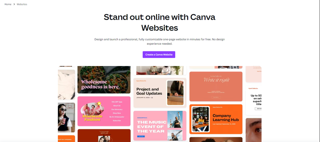 Página del creador de sitios web de Canva