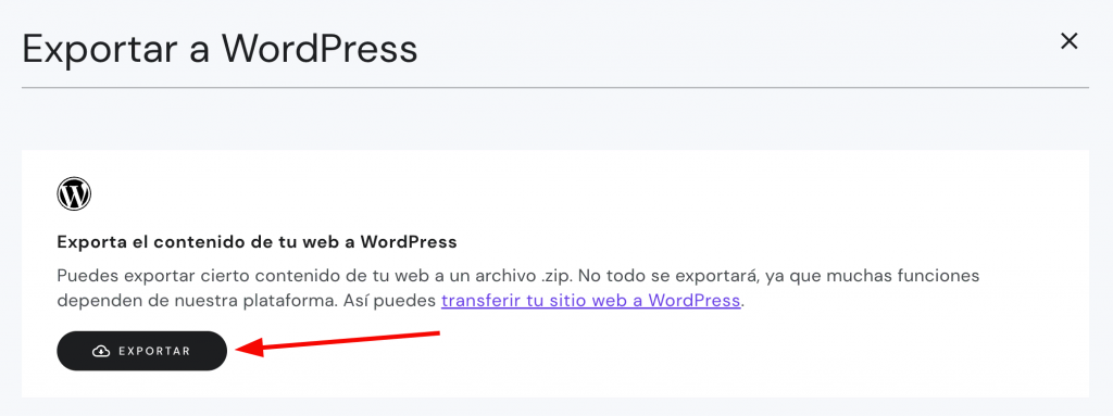 Opción para exportat sitios web a WordPress