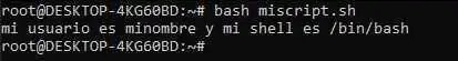 Ejecución del script de bash que utiliza dos variables y las muestra por pantalla.
