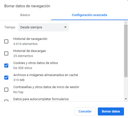 Opciones de Borrar datos de navegación de Google Chrome