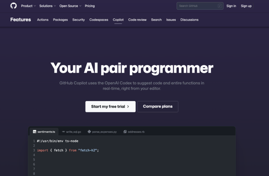 Página de la herramienta para programar con inteligencia artificial Github Copilot