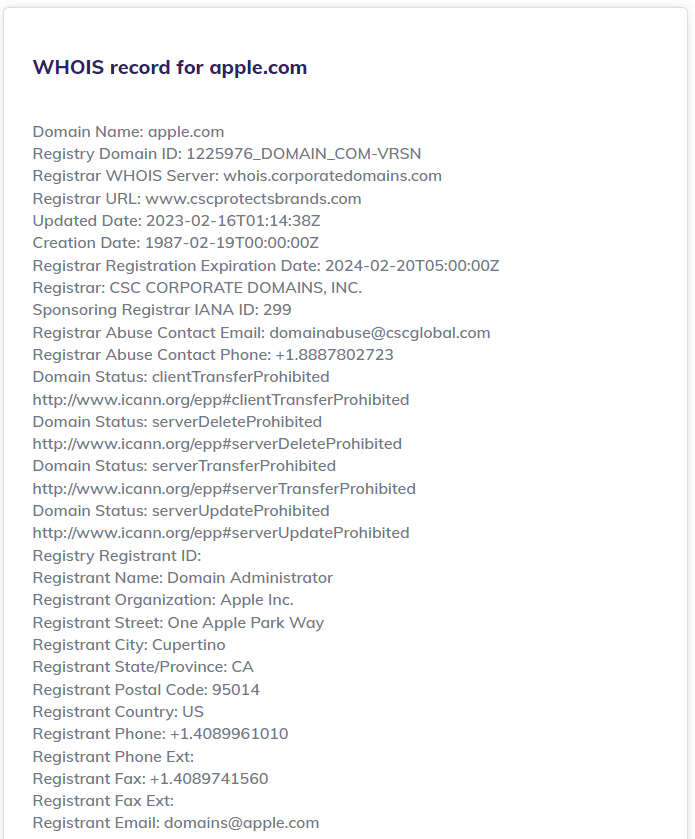Registro Whois para apple.com en la herramienta de búsqueda de Hostinger.
