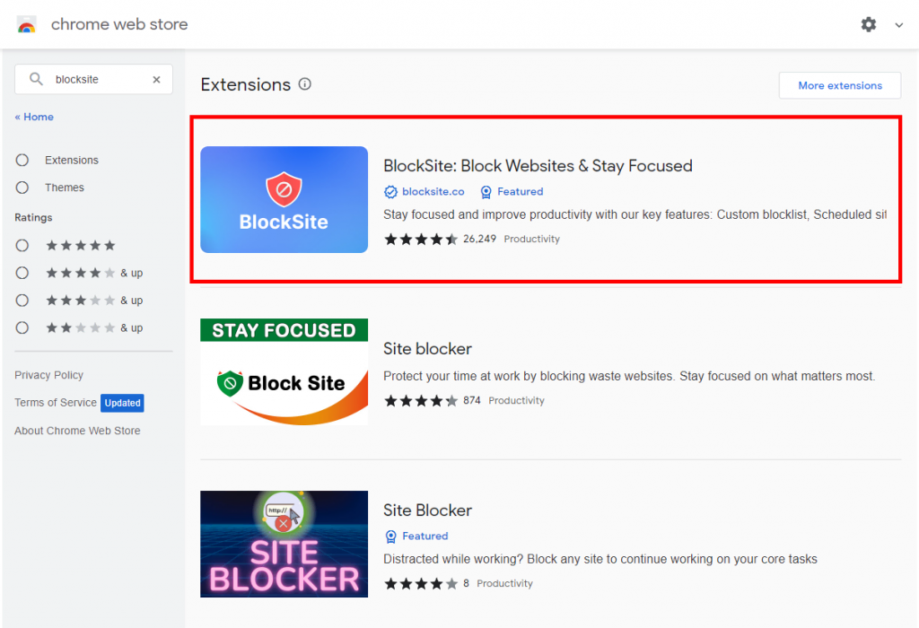 Búsqueda de BlockSite en la tienda de aplicaciones de Chrome.