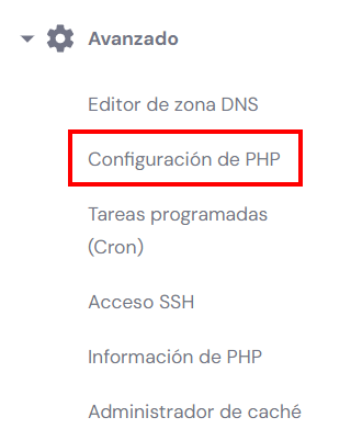 Opción Configuración de PHP de hPanel