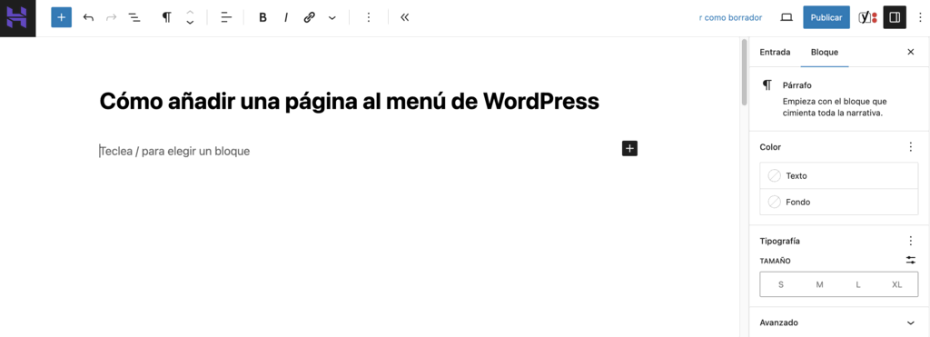 Crear página en WordPress