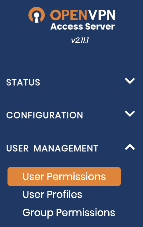 La barra lateral de OpenVPN con el botón Permisos de Usuario seleccionado