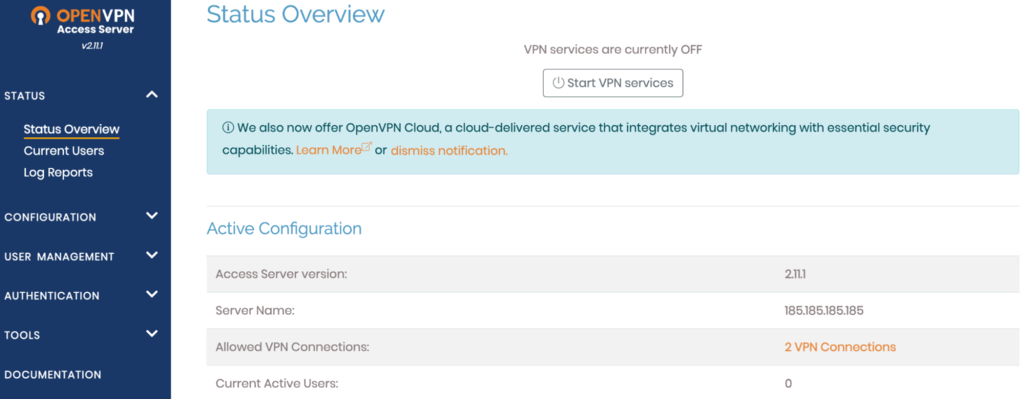 La página Visión general del estado en el panel del Servidor de Acceso OpenVPN