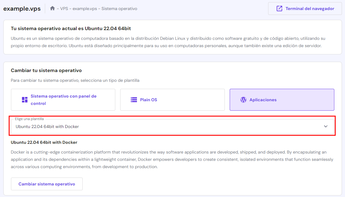 Interfaz de hPanel con Ubuntu